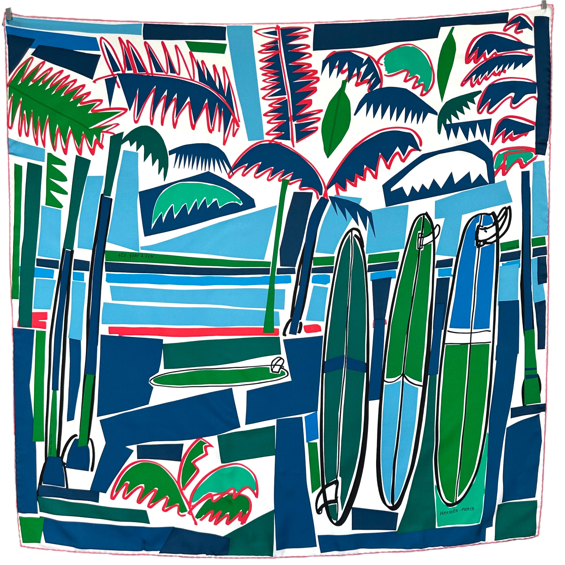 Sea surf & fun Carre Hermes silk scarf design Filipe Jardim 90cm vert bleu roulottage rose