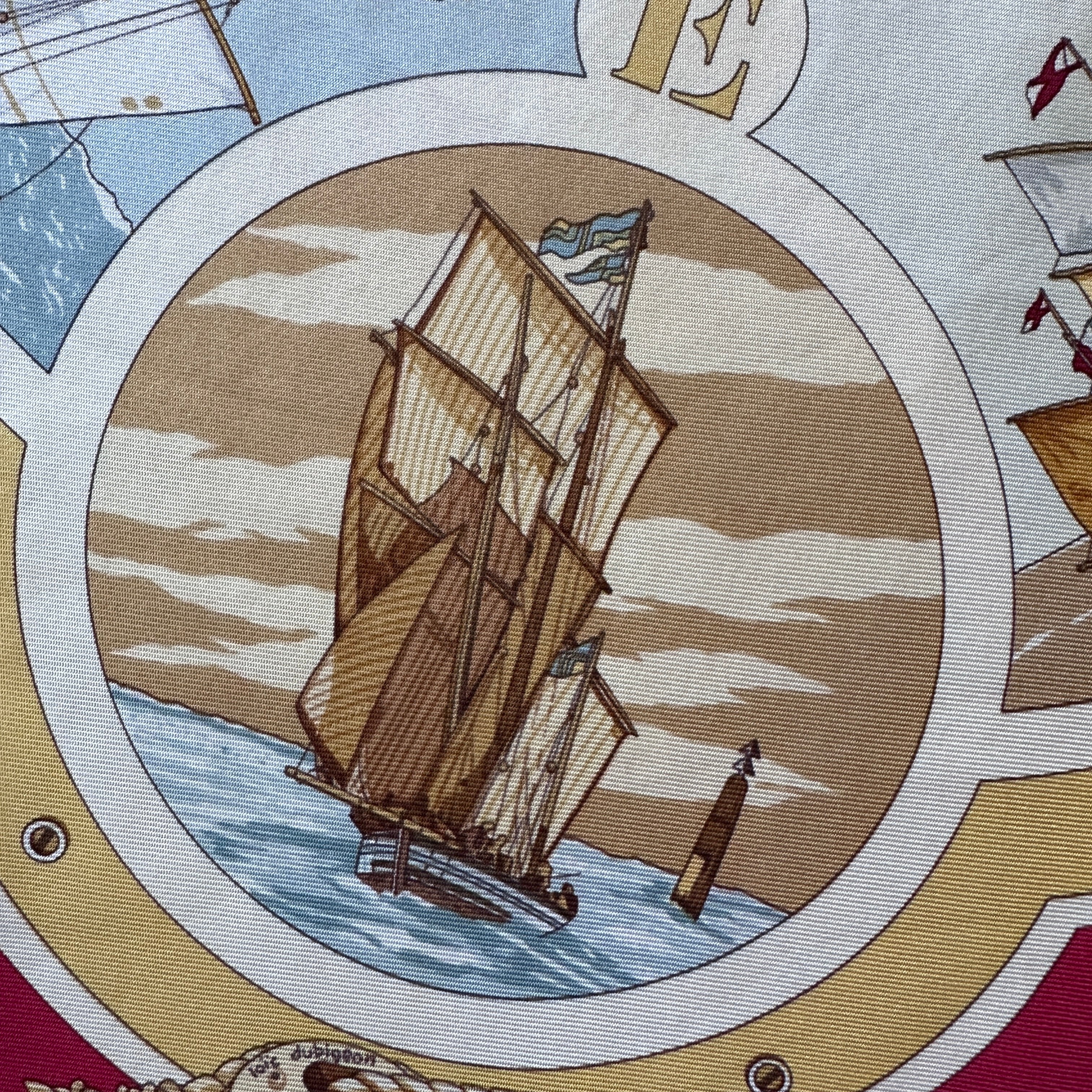 Illustration détaillée d'un voilier ancien naviguant sur mer bleue.