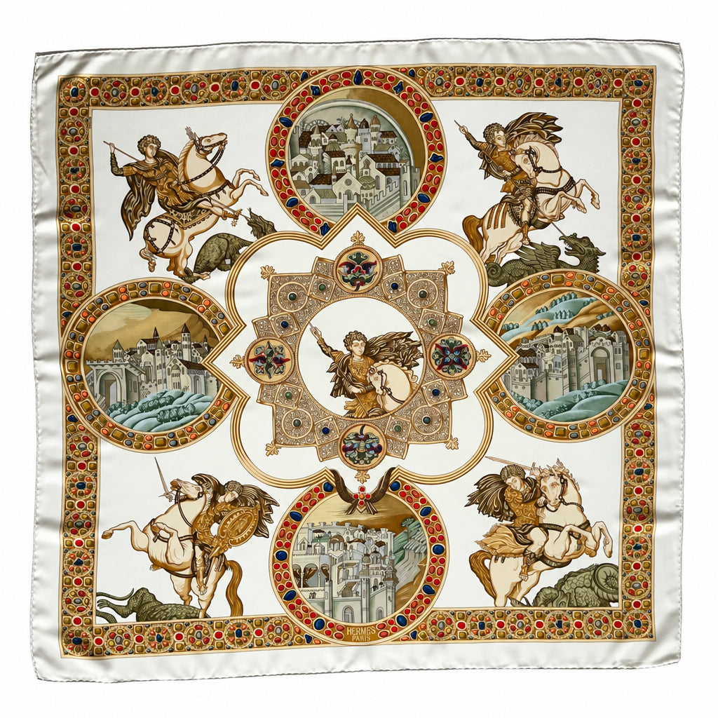 Hermès Scarf 90 cm – Le Triomphe du Paladin – Julie Abadie (1999)
