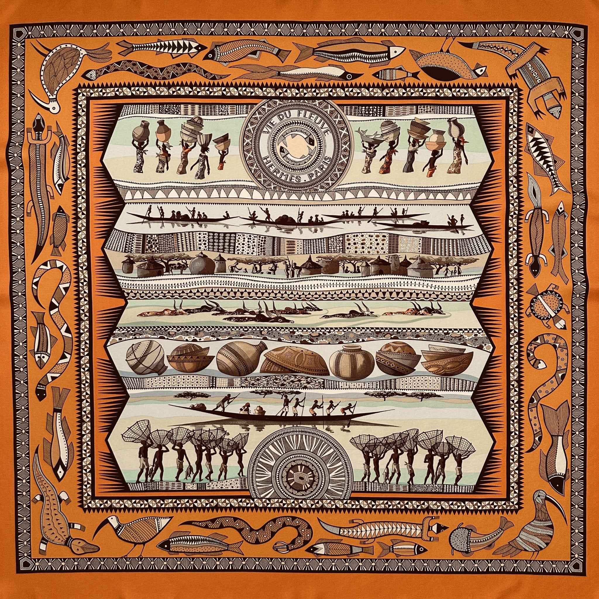 foulard carre hermes la vie du fleuve orange et vert d'eau