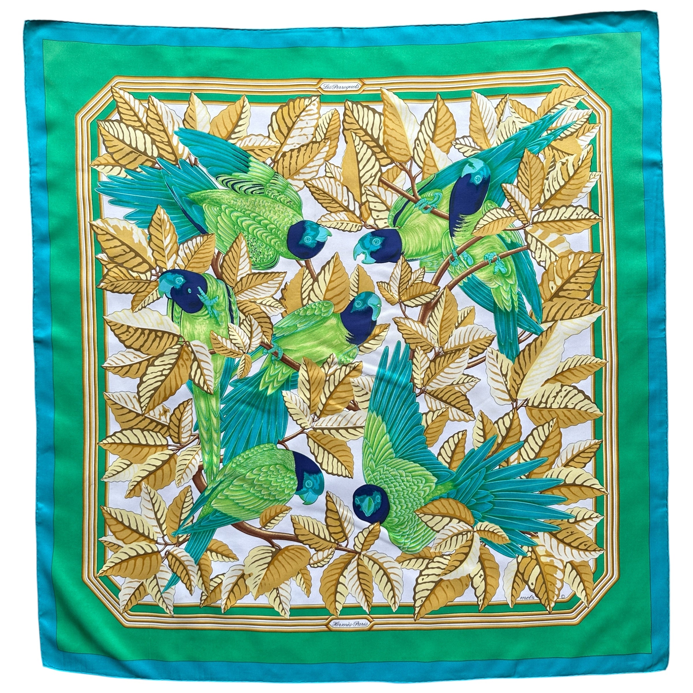 Foulard Hermès Les Perroquets – Vue d’ensemble du carré 90 cm
