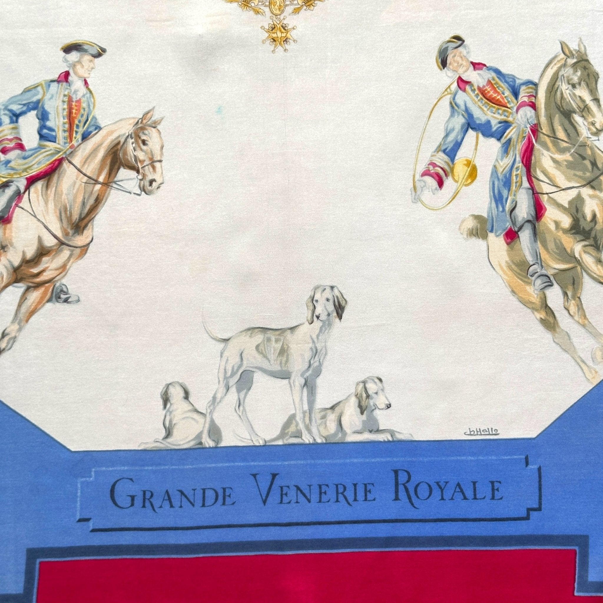 Détail de la signature Charles Jean Hallo et titre du foulard Grande Vénerie Royale