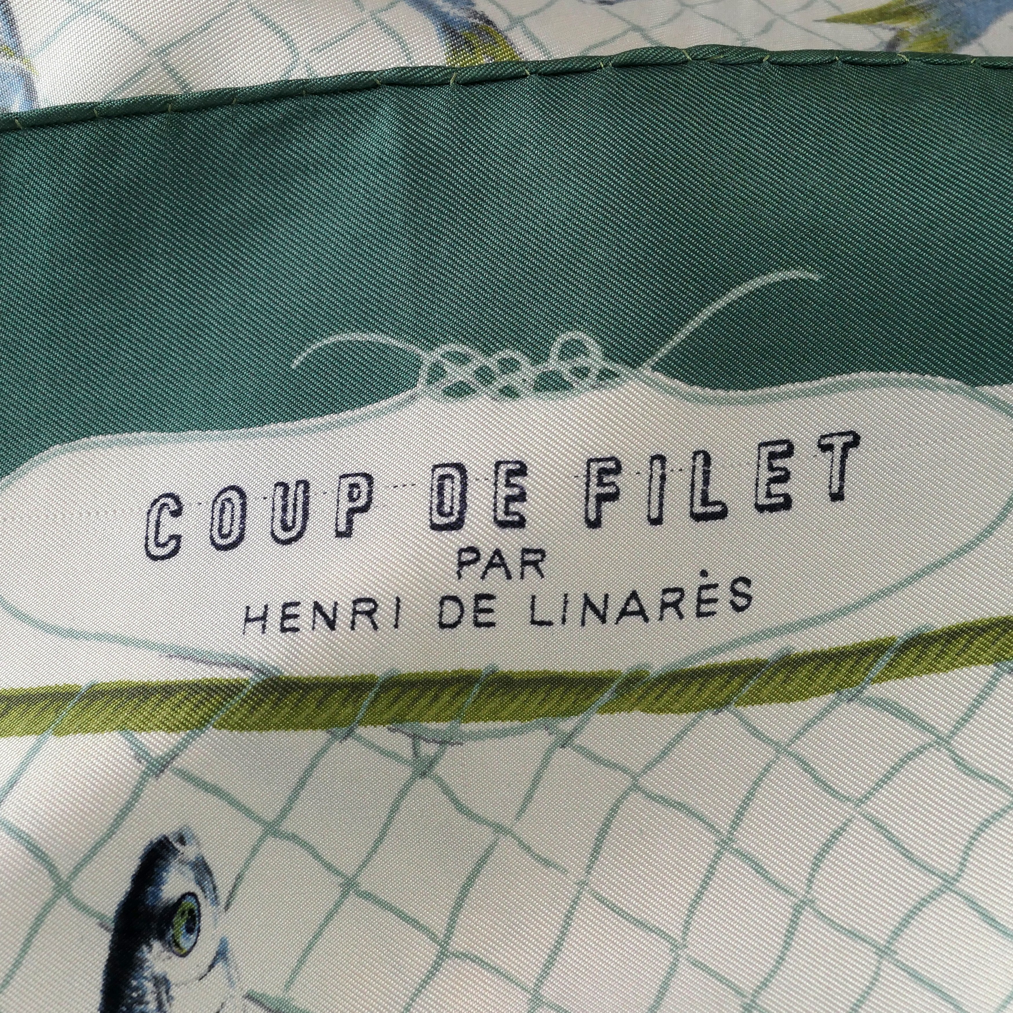 Carré Hermès Coup de Filet 90 cm soie, détail cartouche COUP DE FILET par Henri de Linarès