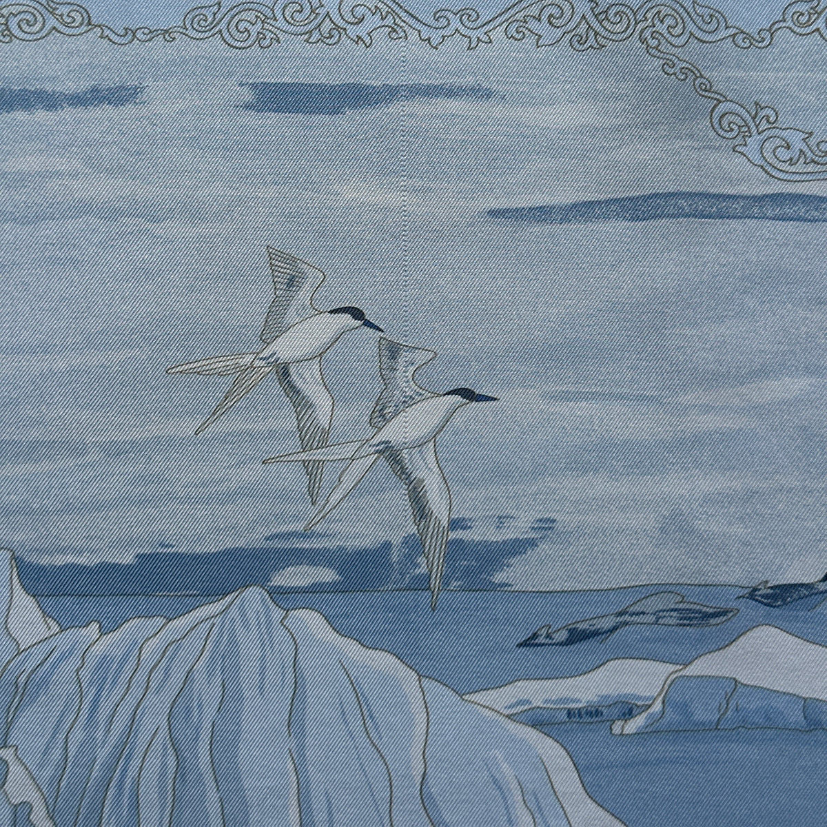 Carré Hermès Hommage à Shackleton Zoé Pauwels 90 cm soie, sternes en vol sous le cartouche