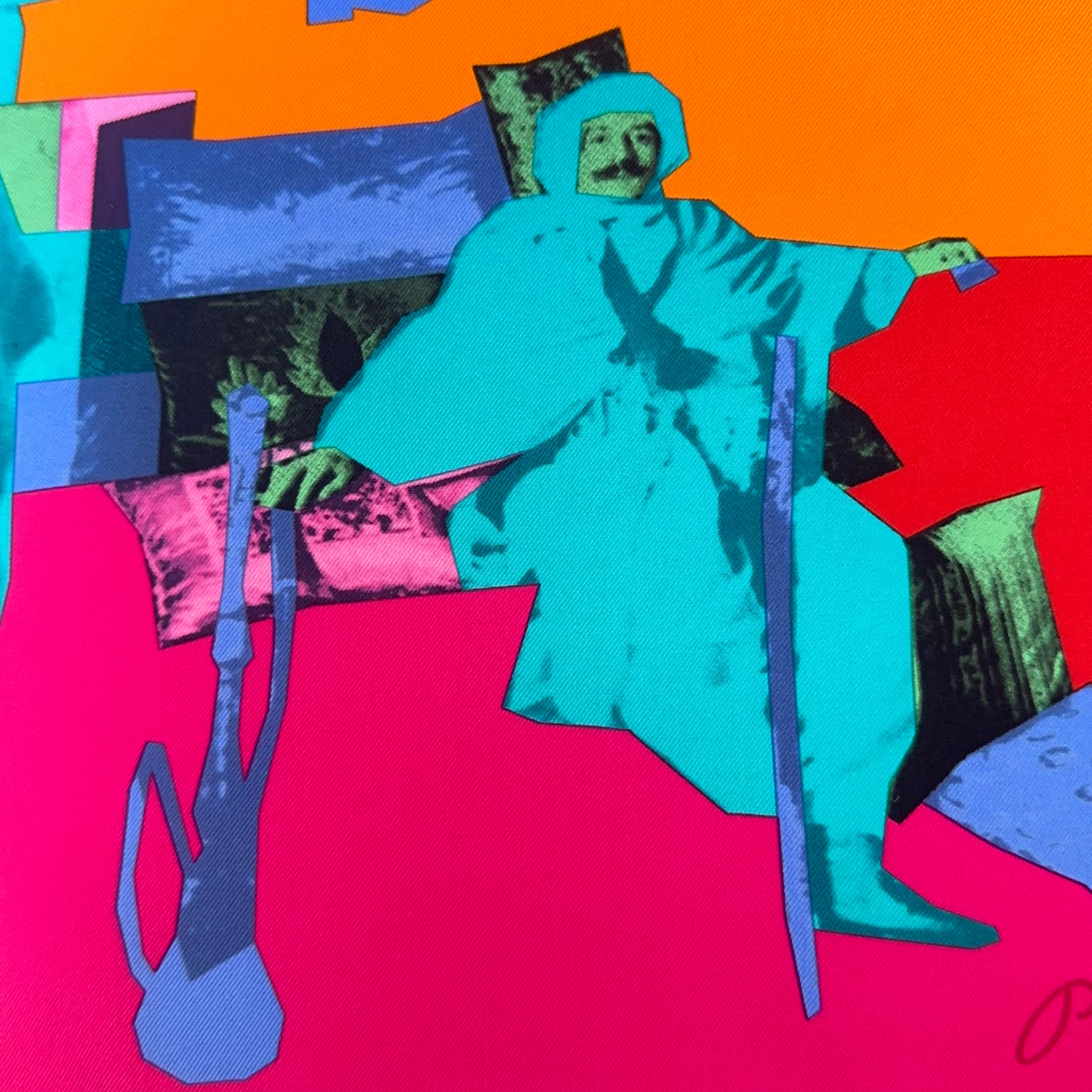 Détail d'une silhouette bleue "Orientale" fumant le narguilé sur des coussins, illustration graphique sur fond fuchsia.