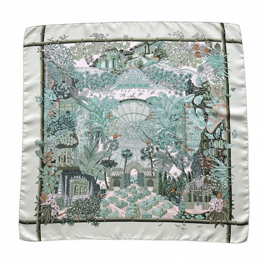 Foulard Hermès 90 cm Jardin d'Hiver par Annie Faivre - Motif paysage exotique, tons de vert et beige clair.